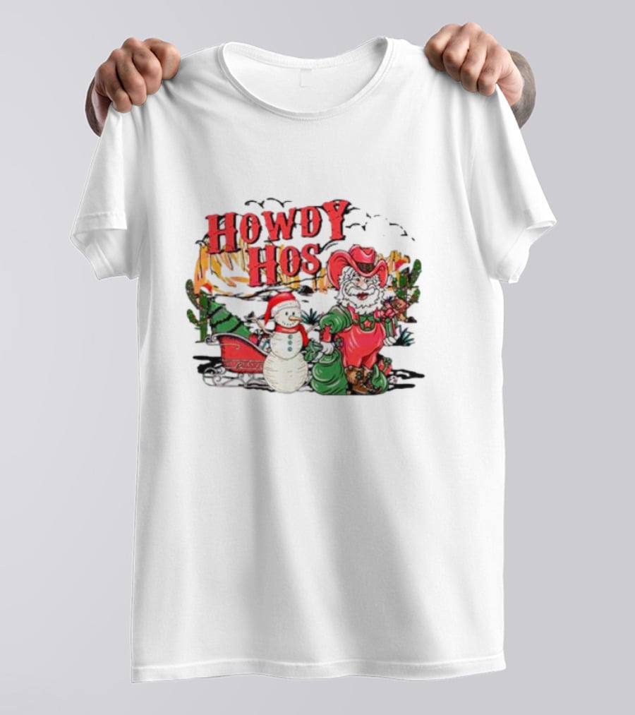 Howdy Hos Santa Snowman Sled Cowboy Christmas Scene T-Shirt