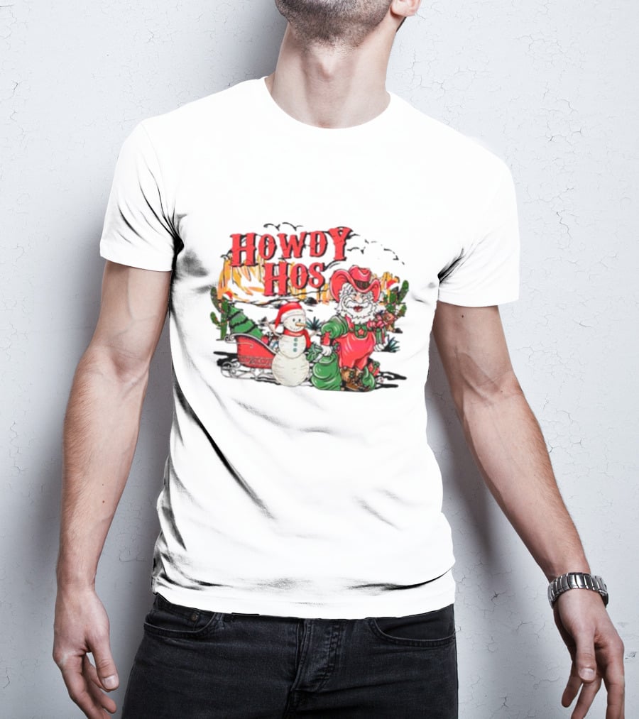 Howdy Hos Santa Snowman Sled Cowboy Christmas Scene T-Shirt