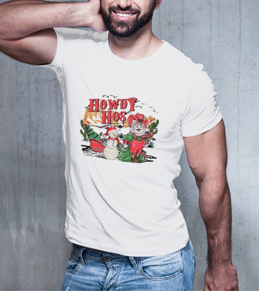 Howdy Hos Santa Snowman Sled Cowboy Christmas Scene T-Shirt