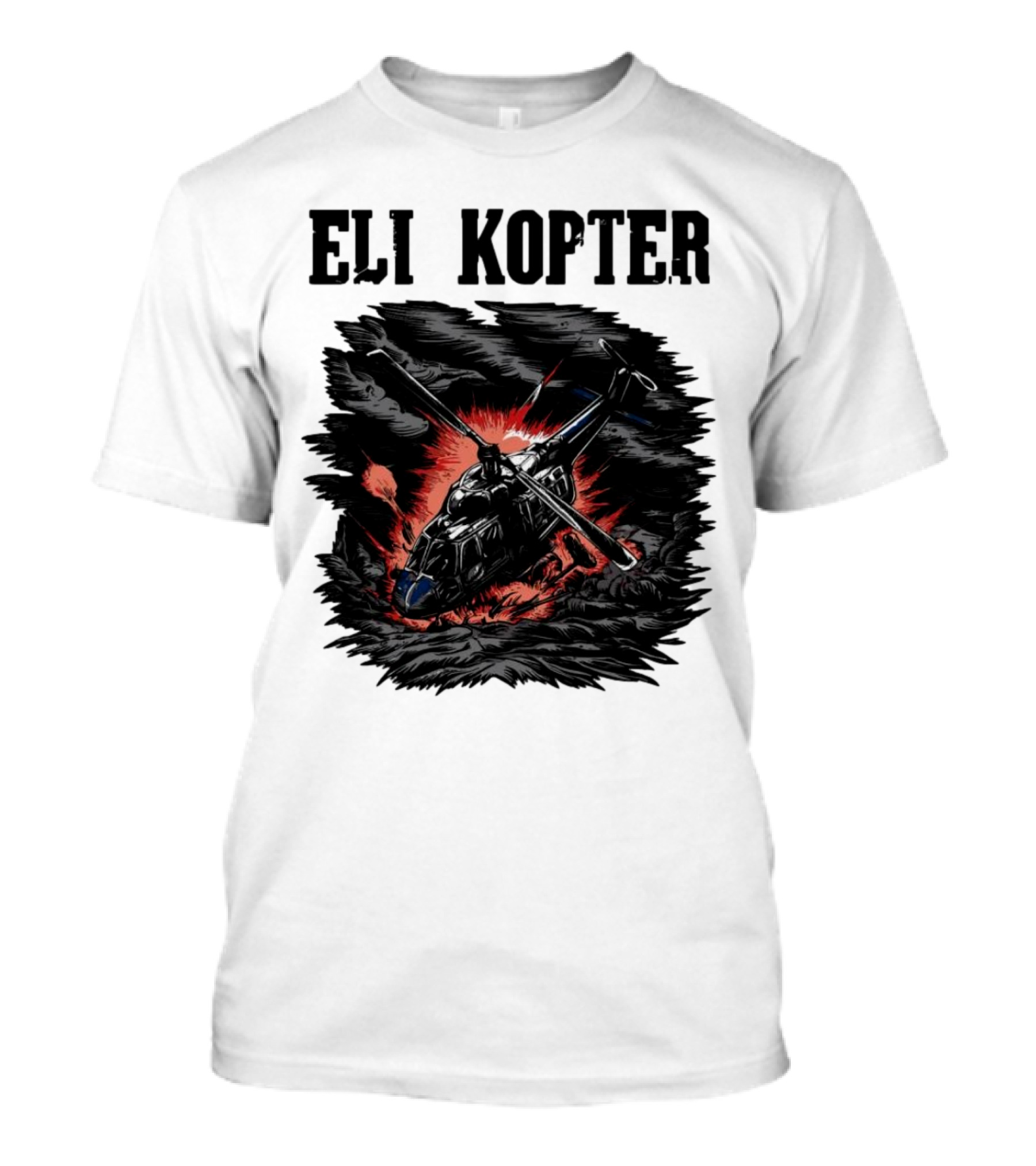 Eli Kopter Helicopter In Stormy Sky With Red Explosion T-Shirt