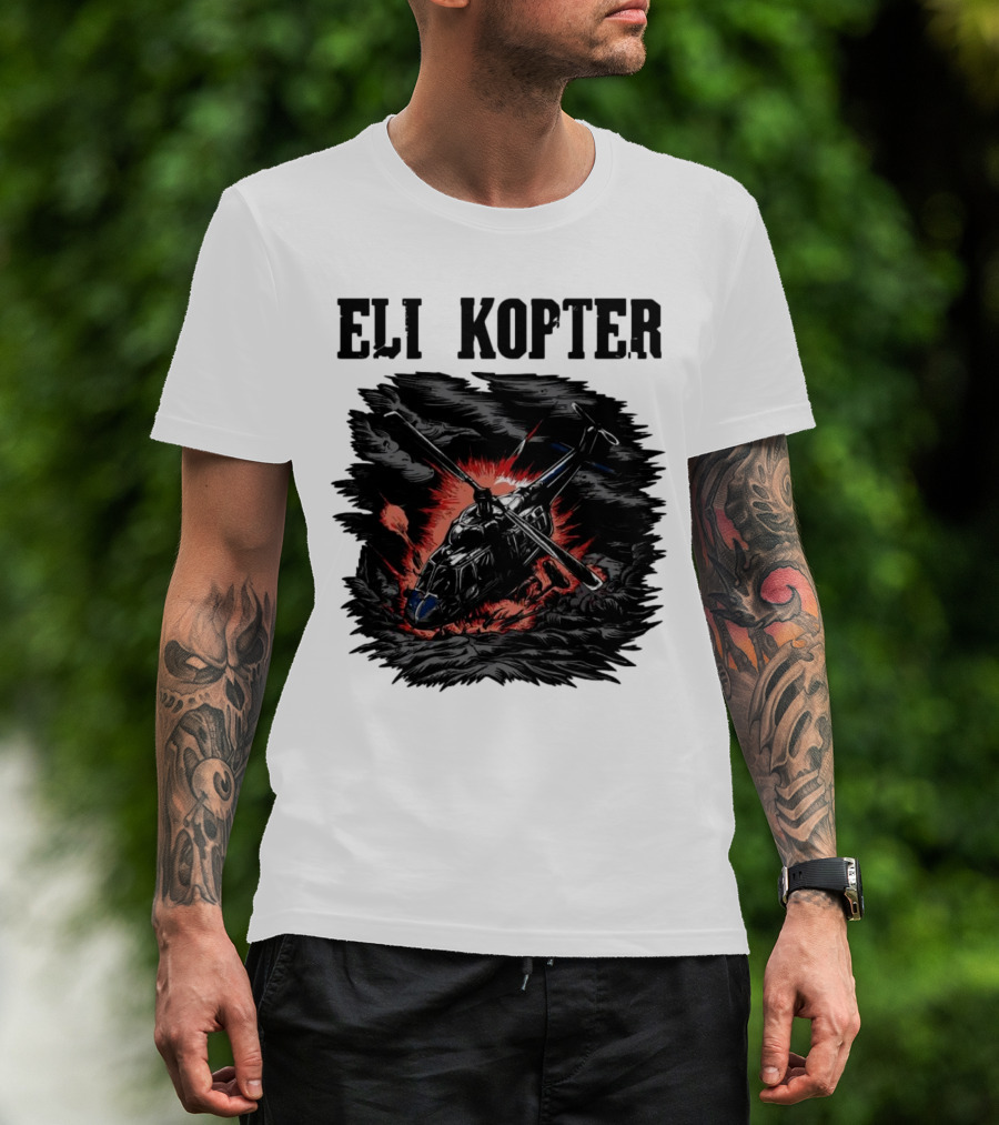 Eli Kopter Helicopter In Stormy Sky With Red Explosion T-Shirt