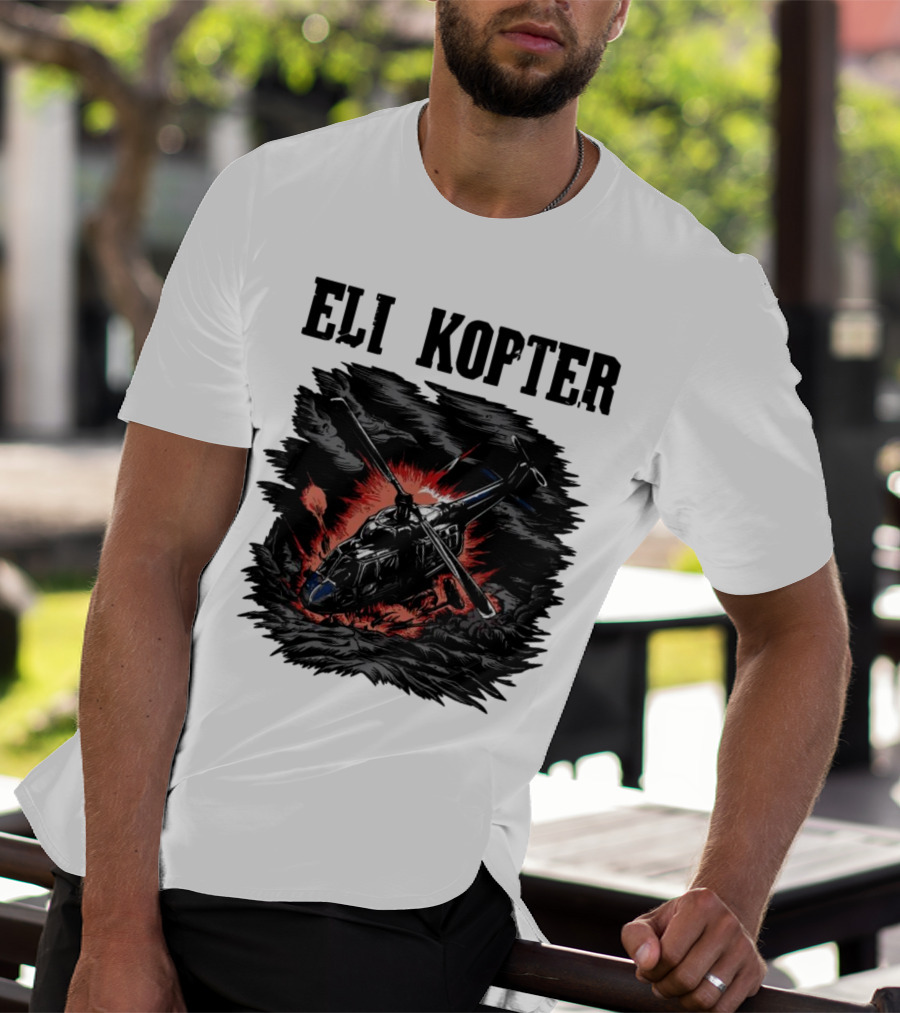 Eli Kopter Helicopter In Stormy Sky With Red Explosion T-Shirt