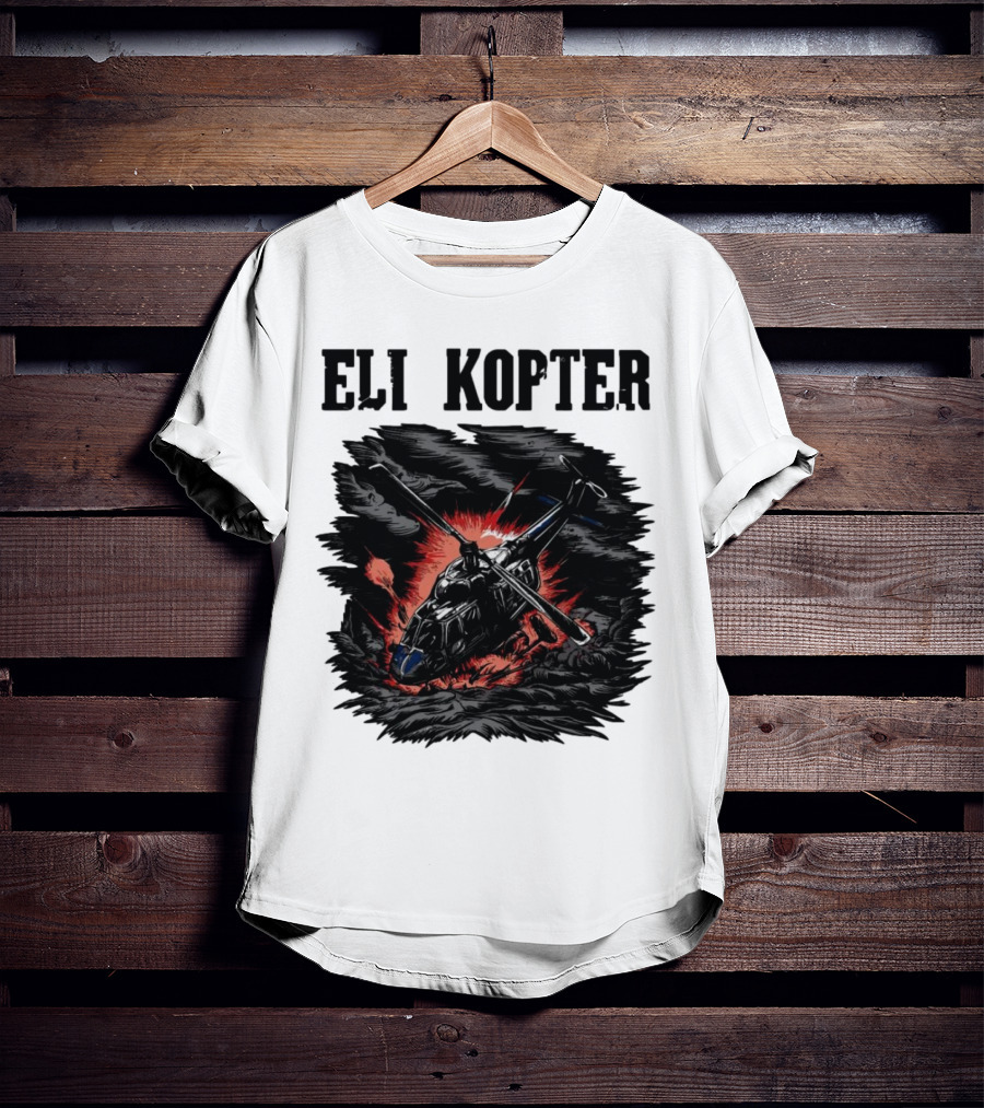 Eli Kopter Helicopter In Stormy Sky With Red Explosion T-Shirt