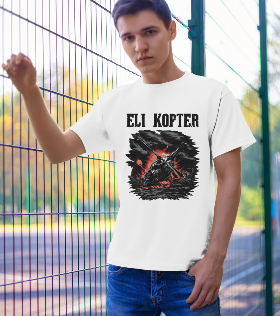Eli Kopter Helicopter In Stormy Sky With Red Explosion T-Shirt