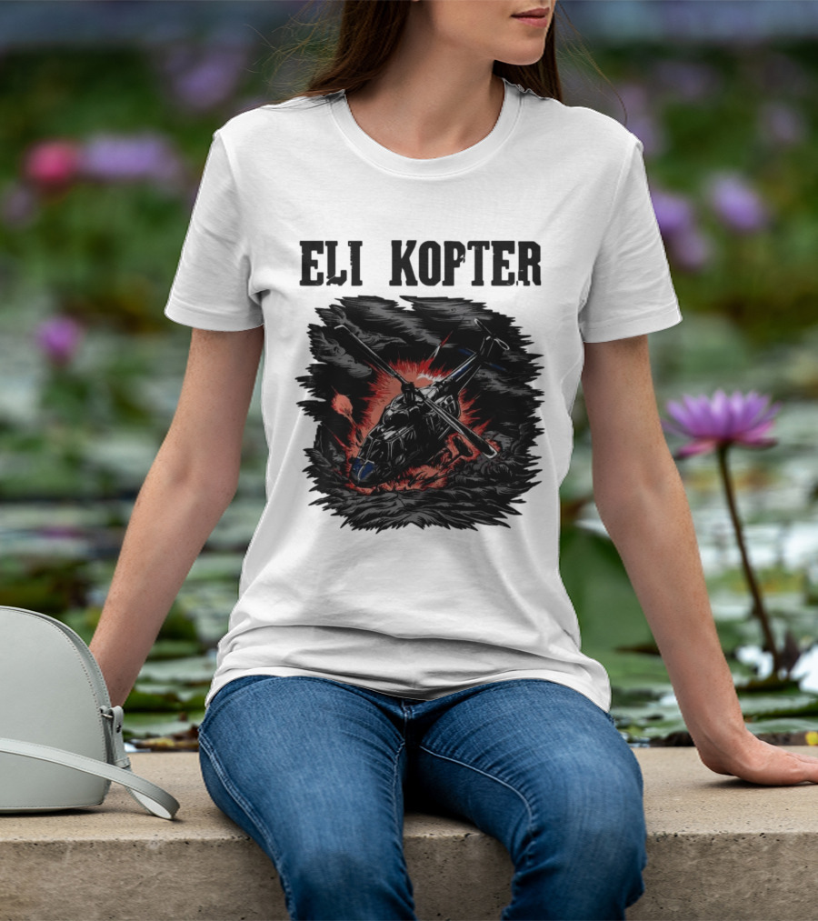 Eli Kopter Helicopter In Stormy Sky With Red Explosion T-Shirt
