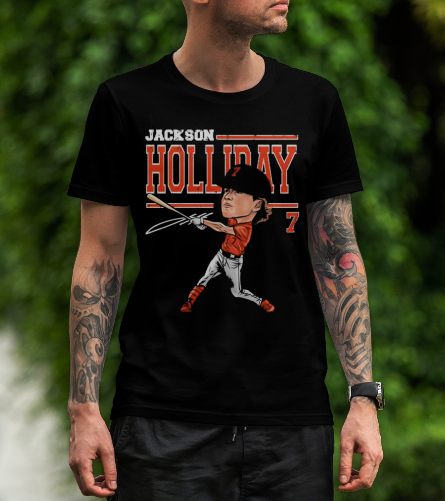 Jackson Holliday Baltimore Orioles Cartoon Batting Stance Number 7 T-Shirt