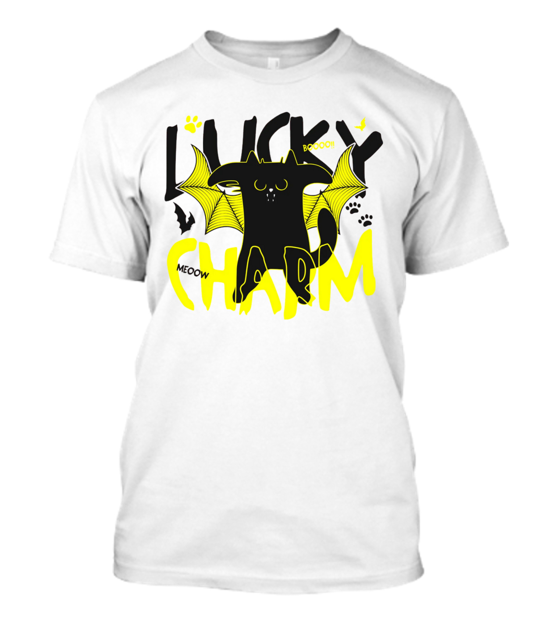 Lucky Charm Booo Meoow Bat Cat Halloween Paws T-Shirt
