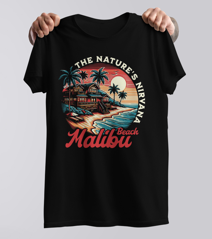 The Nature's Nirvana Malibu Beach Retro Sunset Scene T-Shirt