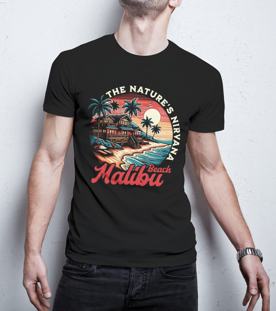 The Nature's Nirvana Malibu Beach Retro Sunset Scene T-Shirt