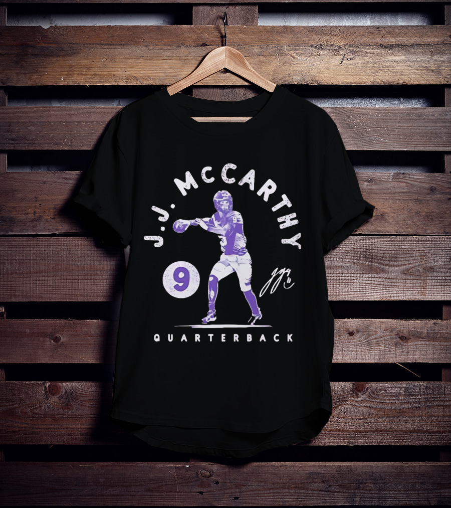 J.J. McCarthy Quarterback 9 Signature Football T-Shirt