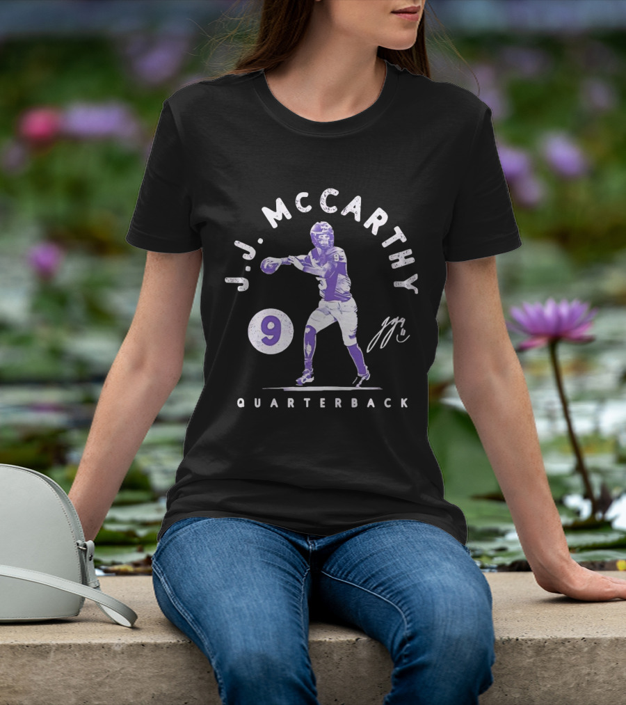 J.J. McCarthy Quarterback 9 Signature Football T-Shirt