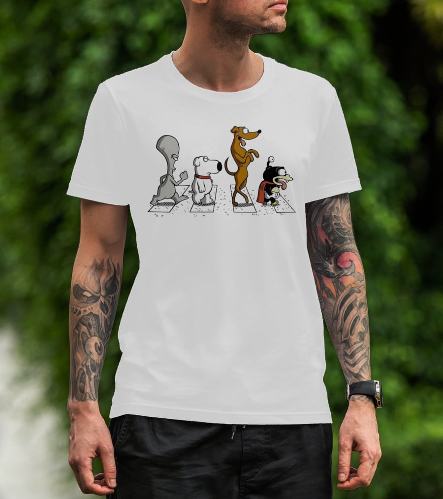 Roger Brian Santa’s Little Helper And Nibbler Walking Across Iconic Crosswalk T-Shirt
