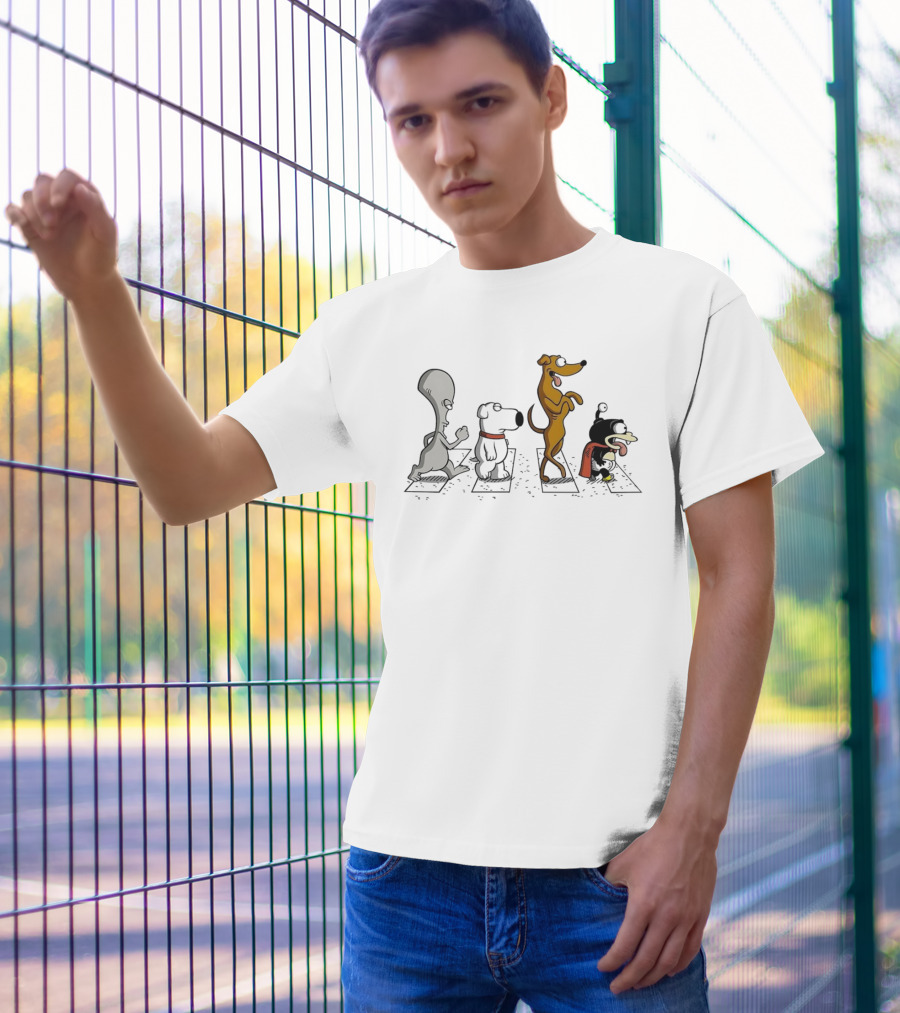 Roger Brian Santa’s Little Helper And Nibbler Walking Across Iconic Crosswalk T-Shirt