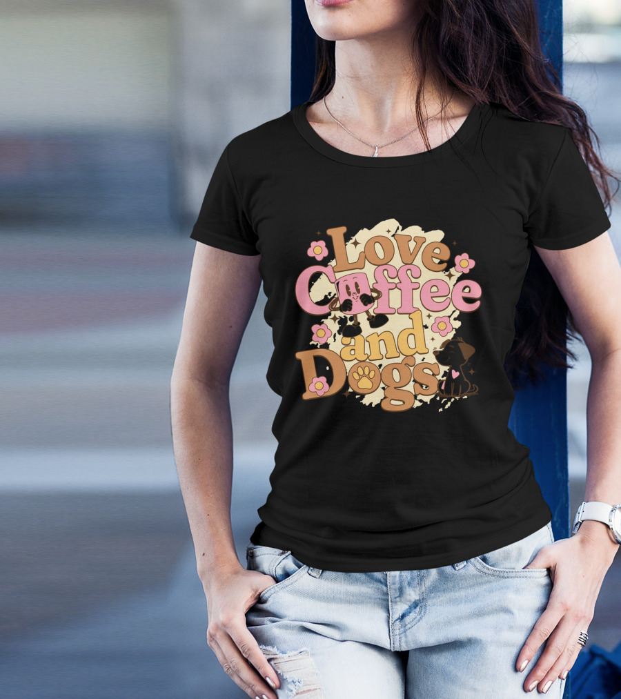 Love Coffee And Dogs Cute Floral Cartoon T-Shirt