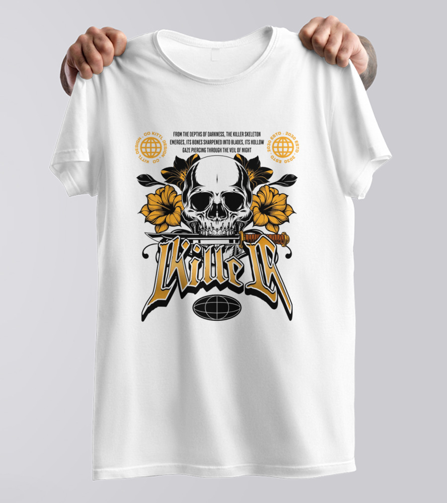 Killer Skeleton Dark Skull With Sword And Flowers T-Shirt