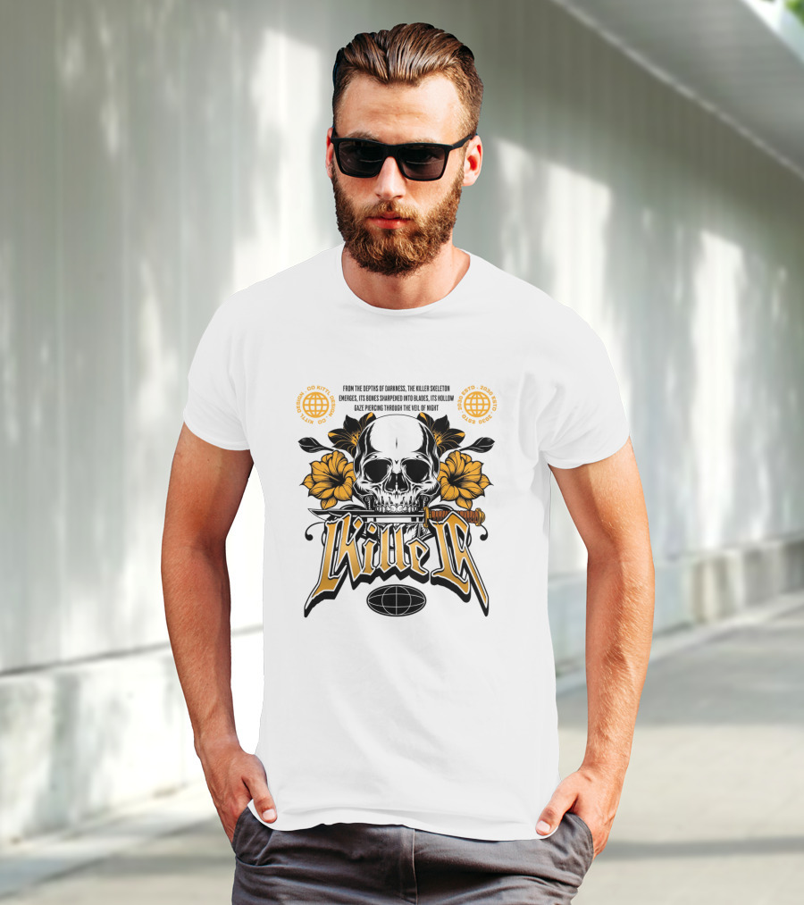 Killer Skeleton Dark Skull With Sword And Flowers T-Shirt