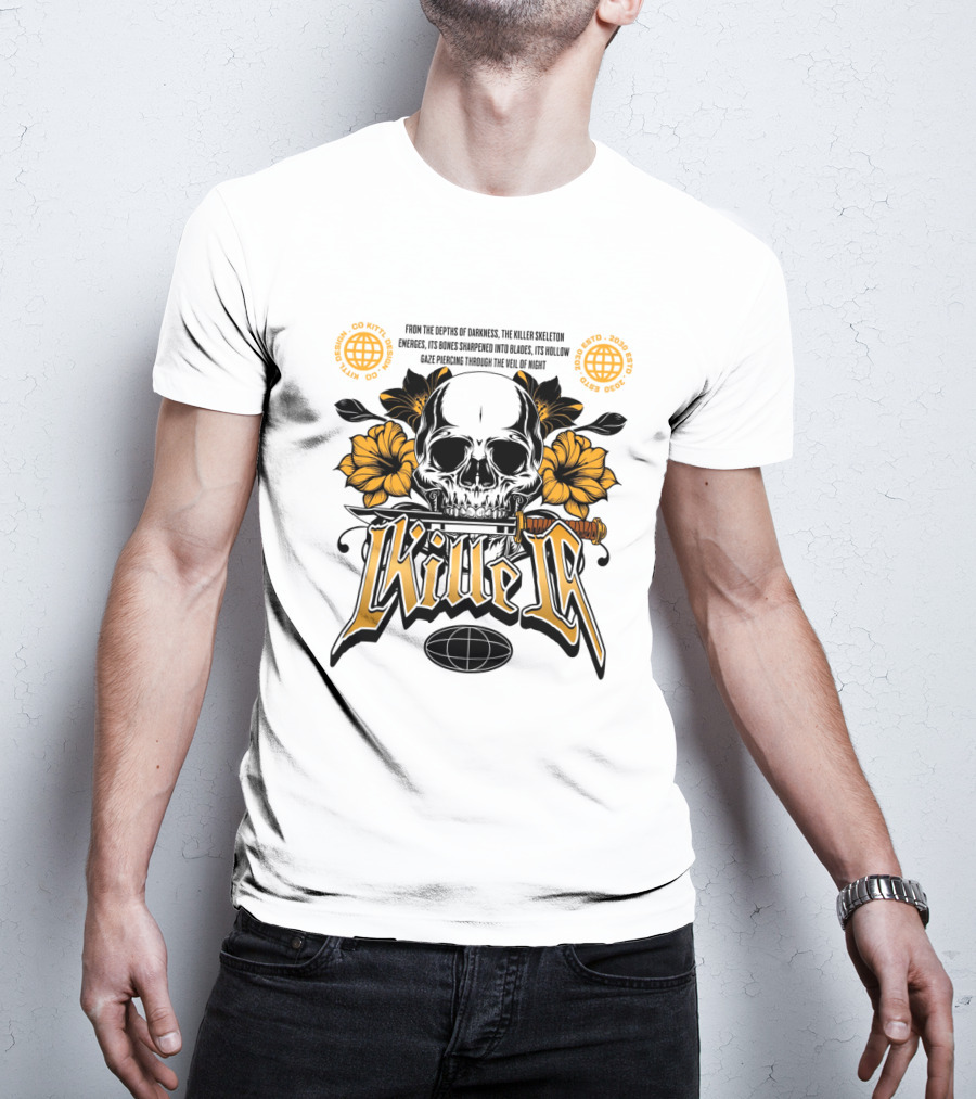 Killer Skeleton Dark Skull With Sword And Flowers T-Shirt