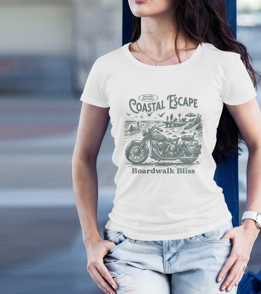 Seaside Serenity Coastal Escape Motorcycle Boardwalk Bliss T-Shirt