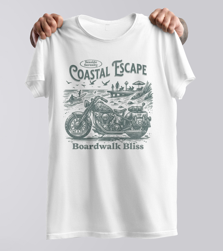 Seaside Serenity Coastal Escape Motorcycle Boardwalk Bliss T-Shirt