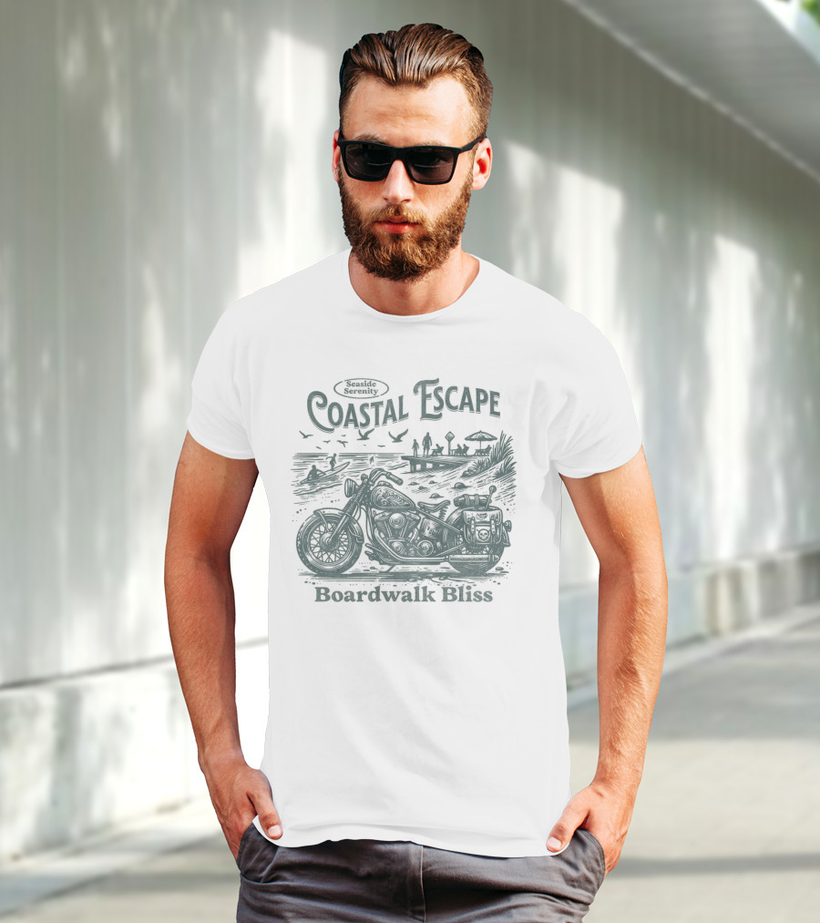 Seaside Serenity Coastal Escape Motorcycle Boardwalk Bliss T-Shirt