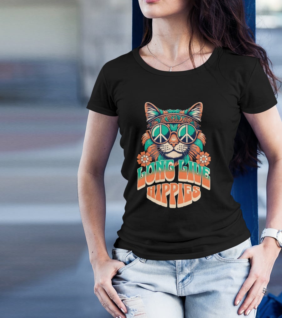 Long Live Hippies Cat With Peace Sign Glasses And Flowers T-Shirt