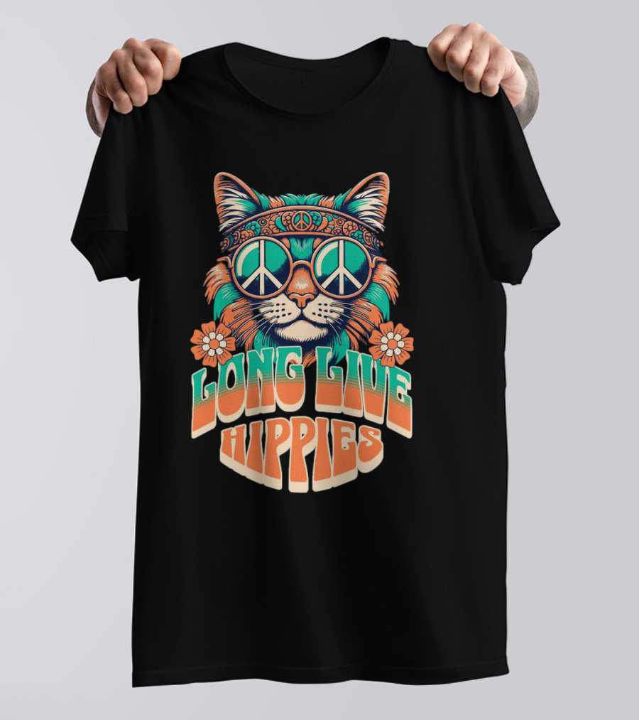 Long Live Hippies Cat With Peace Sign Glasses And Flowers T-Shirt