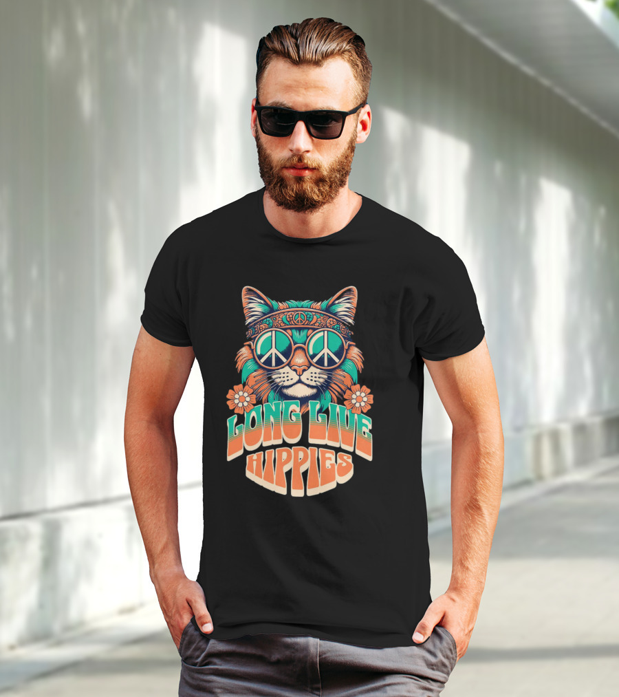 Long Live Hippies Cat With Peace Sign Glasses And Flowers T-Shirt