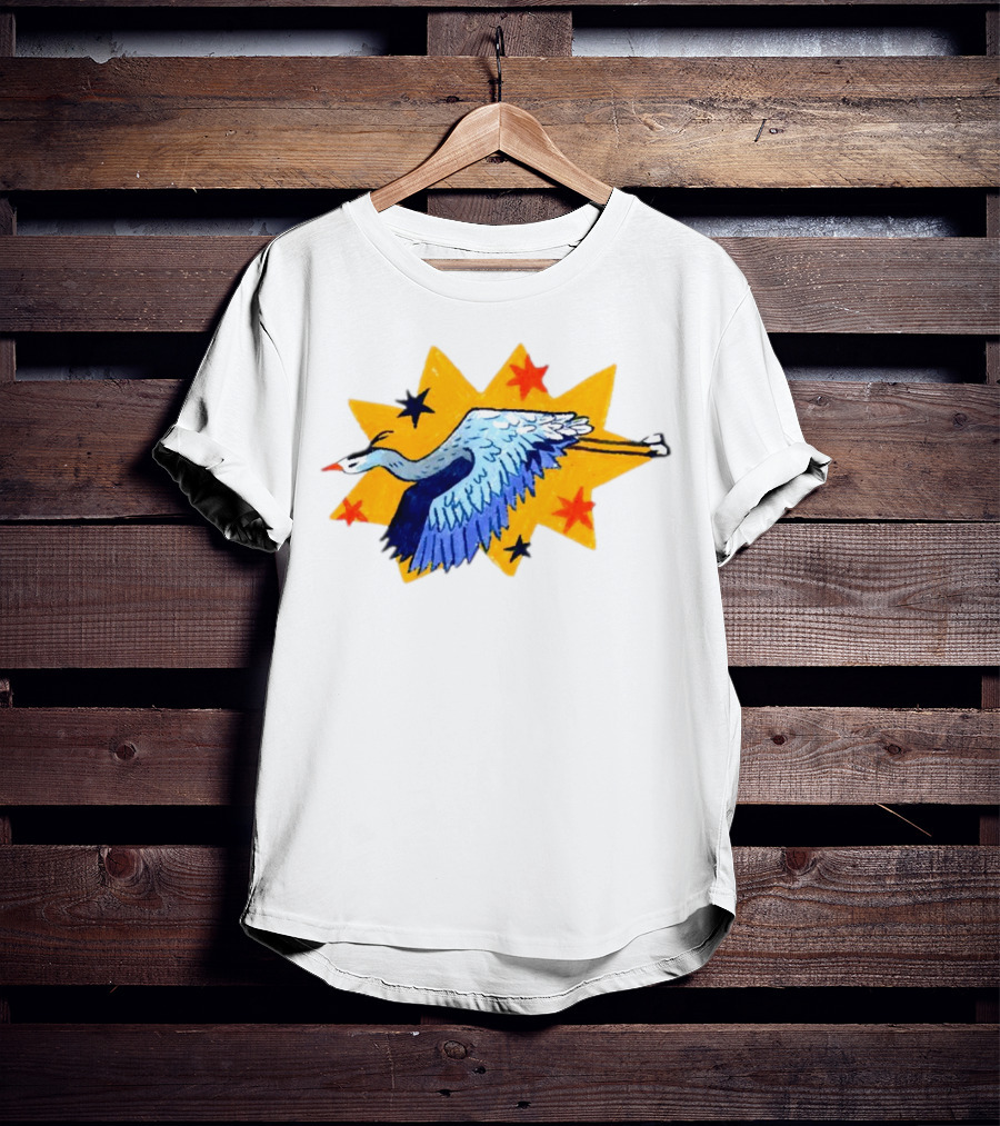Grey Heron Flying Against Starry Yellow Burst T-Shirt