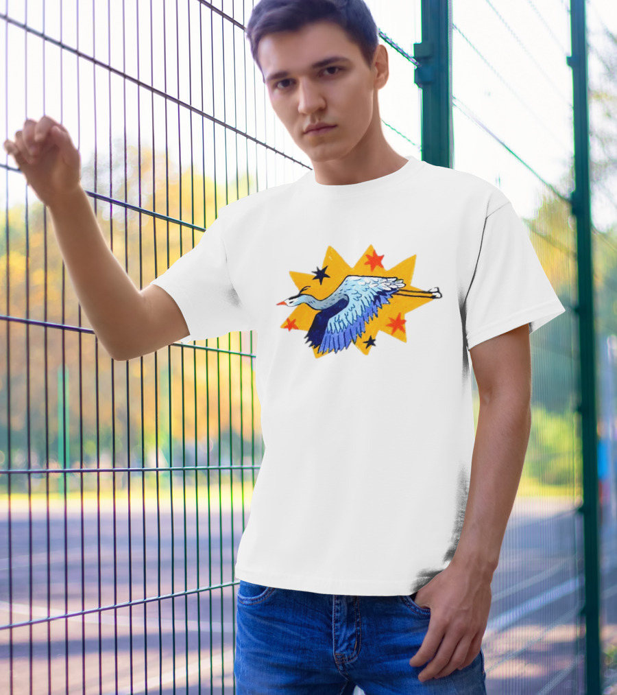Grey Heron Flying Against Starry Yellow Burst T-Shirt