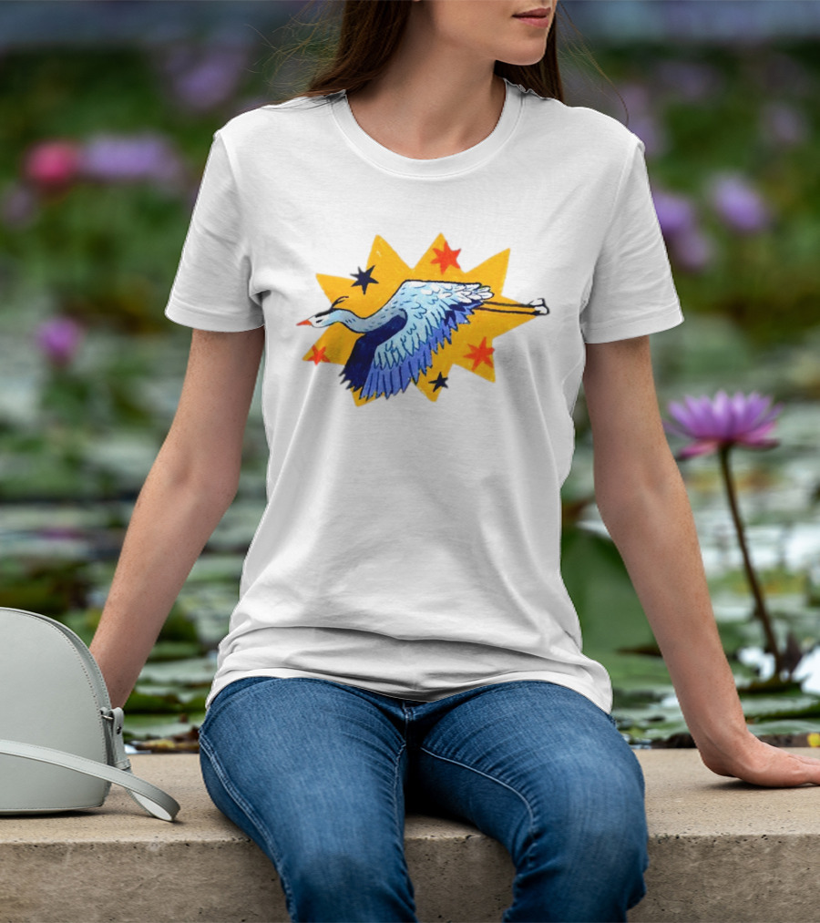 Grey Heron Flying Against Starry Yellow Burst T-Shirt