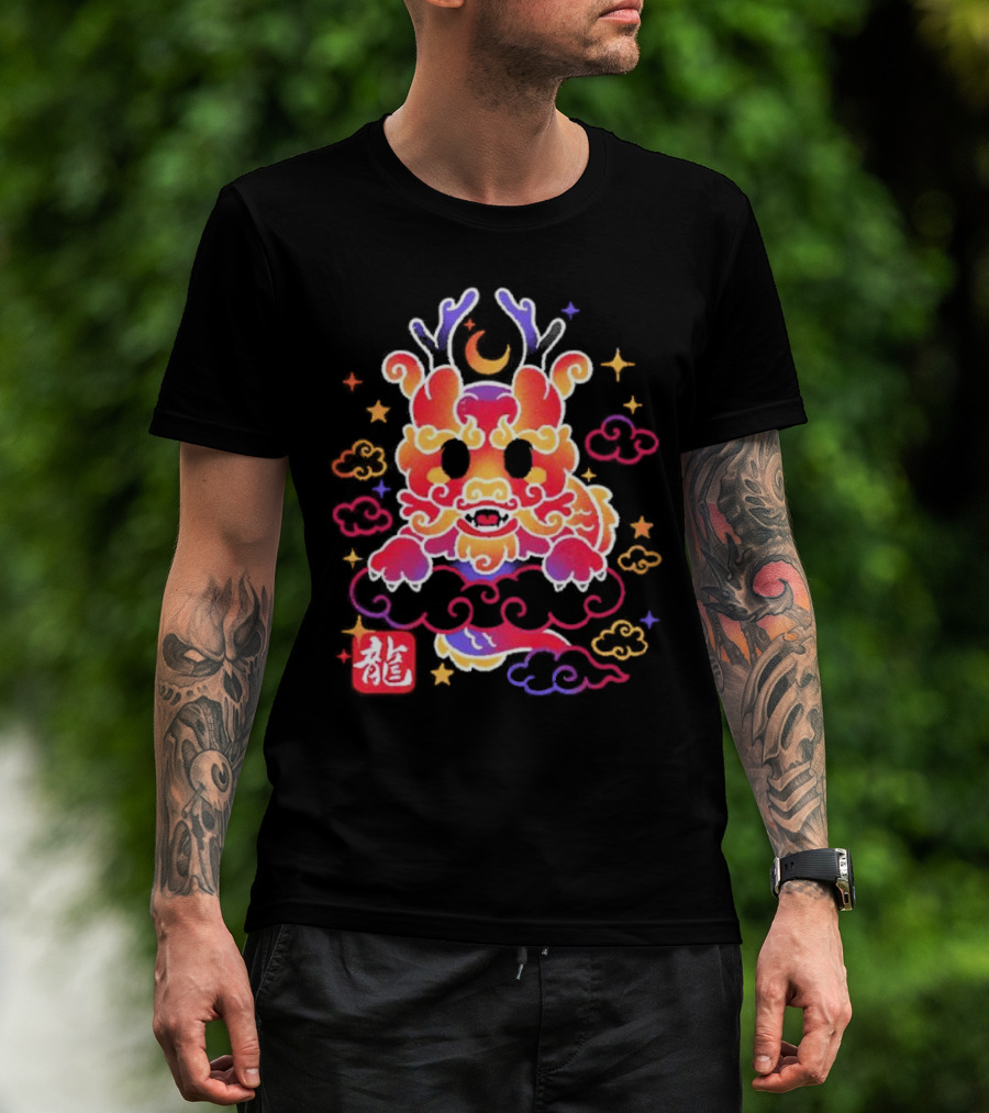 Kawaii Chinese Dragon With Colorful Clouds And Stars Asian Aesthetic T-Shirt