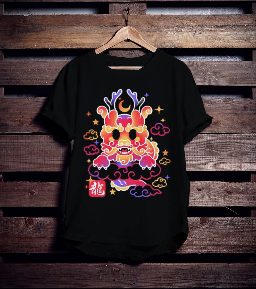 Kawaii Chinese Dragon With Colorful Clouds And Stars Asian Aesthetic T-Shirt