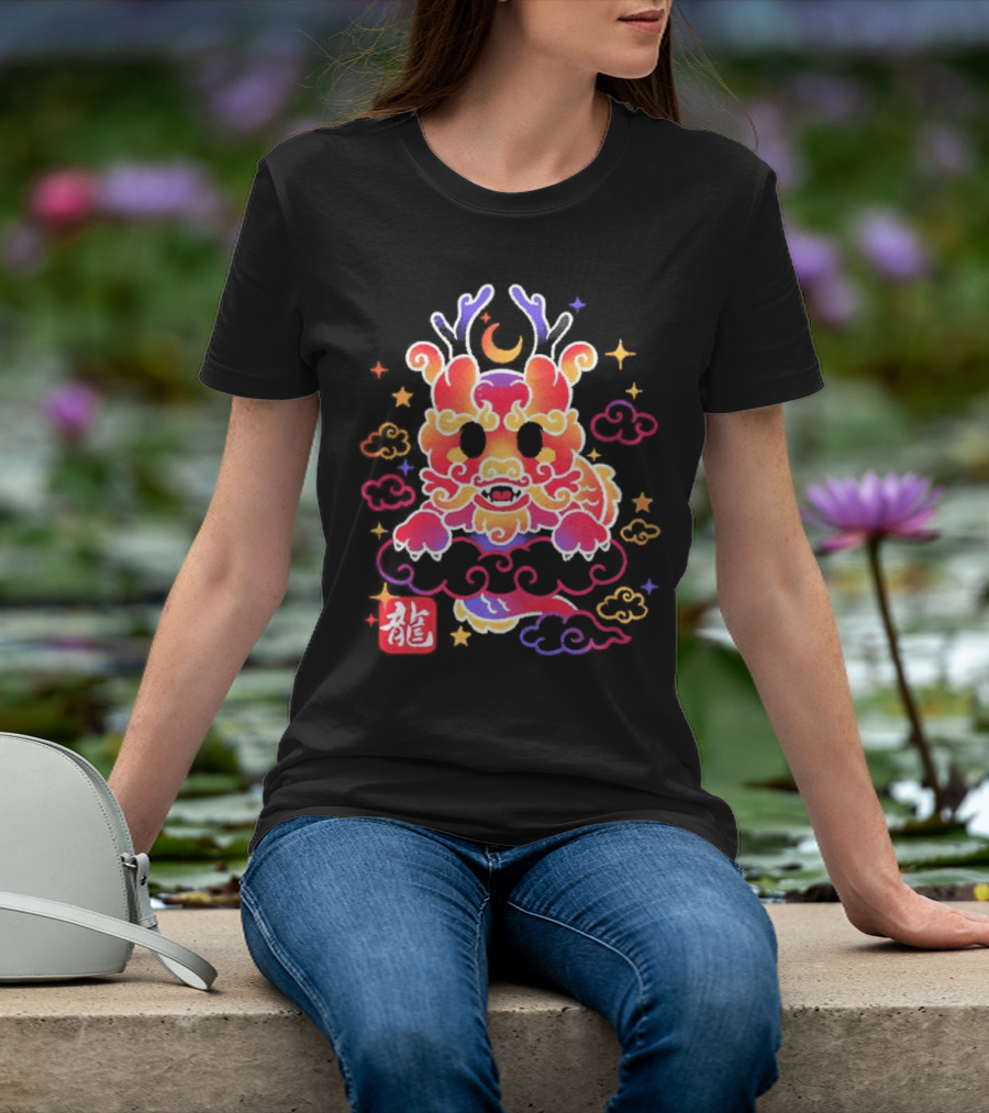 Kawaii Chinese Dragon With Colorful Clouds And Stars Asian Aesthetic T-Shirt