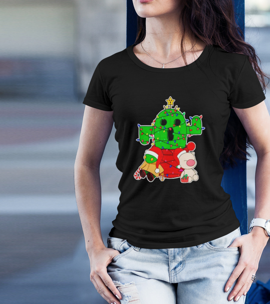 Funny Cactuar Christmas Lights With Moogle And Santa Costumes T-Shirt