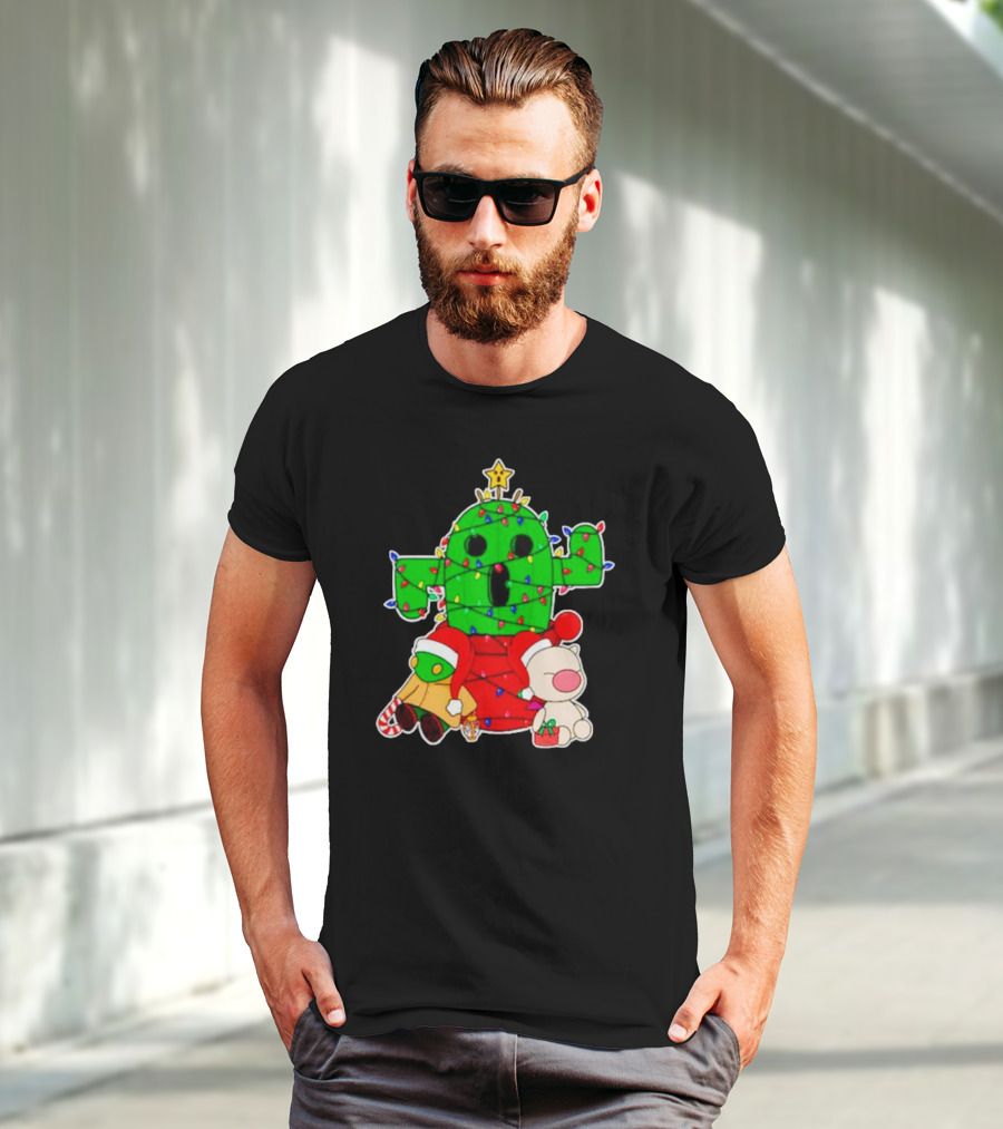 Funny Cactuar Christmas Lights With Moogle And Santa Costumes T-Shirt
