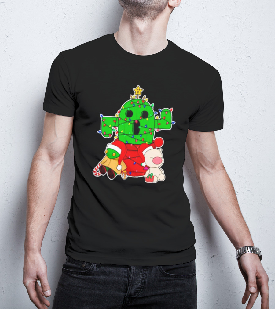 Funny Cactuar Christmas Lights With Moogle And Santa Costumes T-Shirt