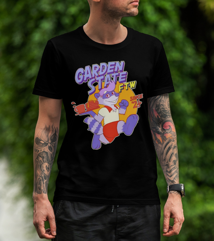 Garden State FTW Since 24 Cartoon Raccoon Serving Pancakes T-Shirt