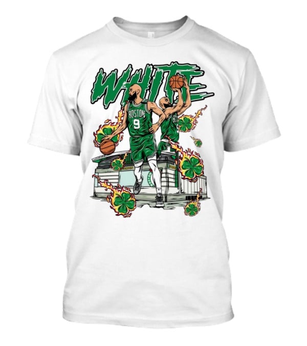 Boston Celtics White 9 Basketball Player With Shamrocks And Basketball Court T-Shirt