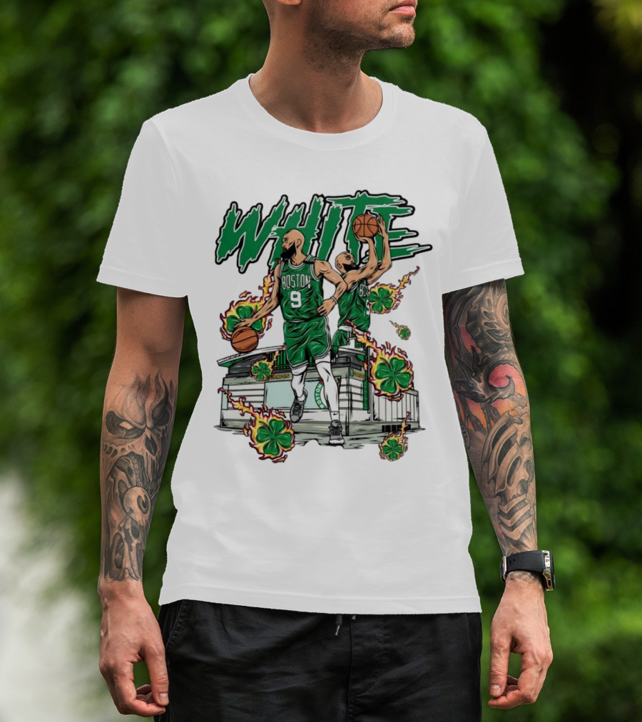 Boston Celtics White 9 Basketball Player With Shamrocks And Basketball Court T-Shirt