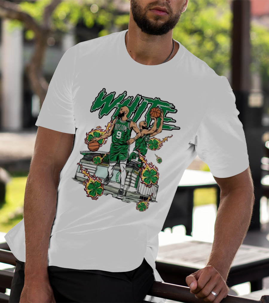 Boston Celtics White 9 Basketball Player With Shamrocks And Basketball Court T-Shirt