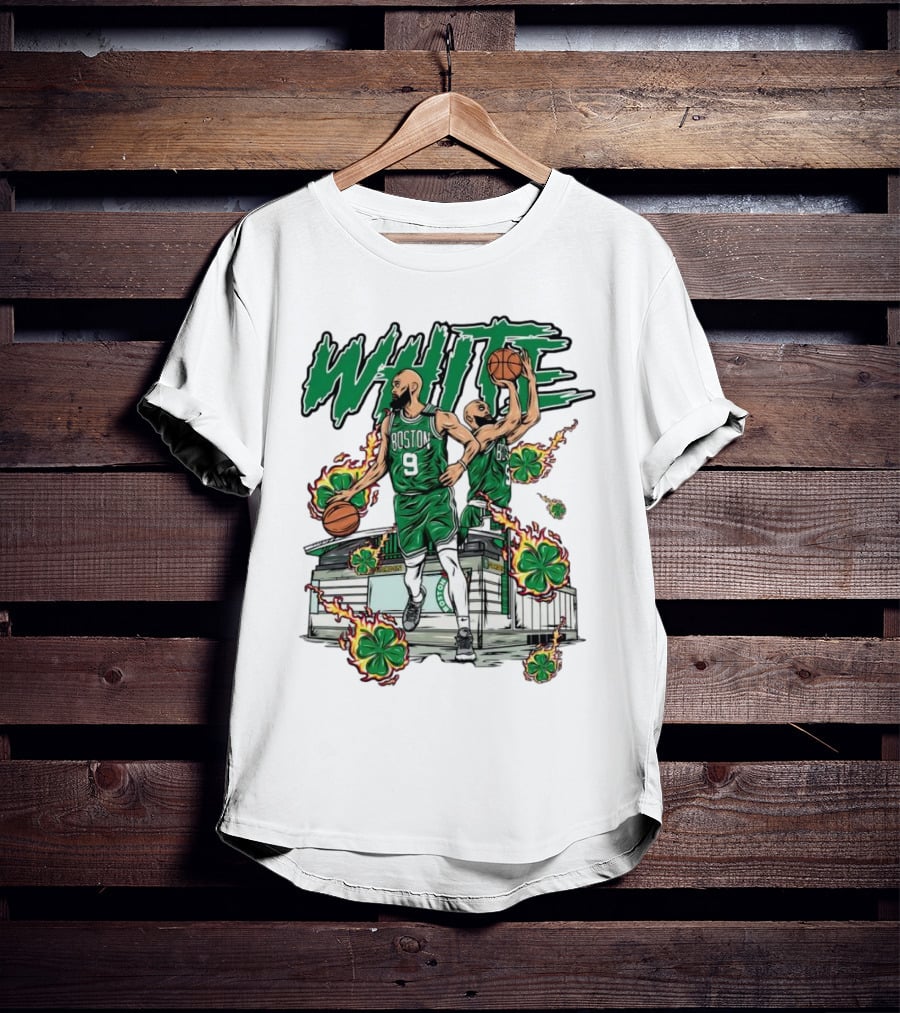 Boston Celtics White 9 Basketball Player With Shamrocks And Basketball Court T-Shirt