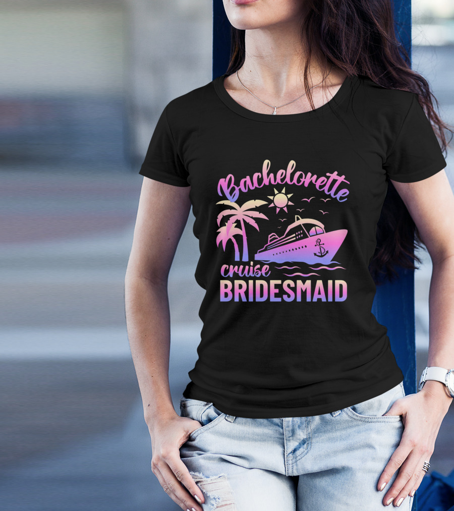 Bachelorette Cruise Bridesmaid Sun Palm Trees Anchor Ocean Waves T-Shirt