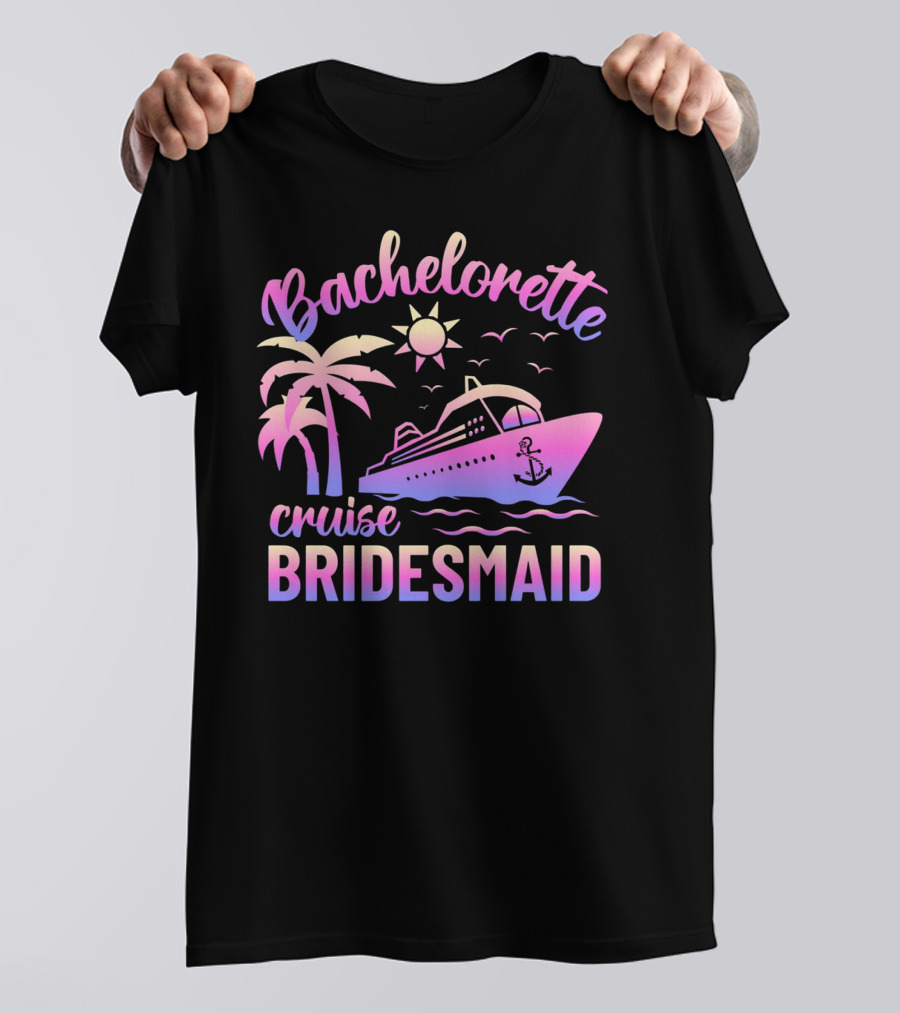 Bachelorette Cruise Bridesmaid Sun Palm Trees Anchor Ocean Waves T-Shirt