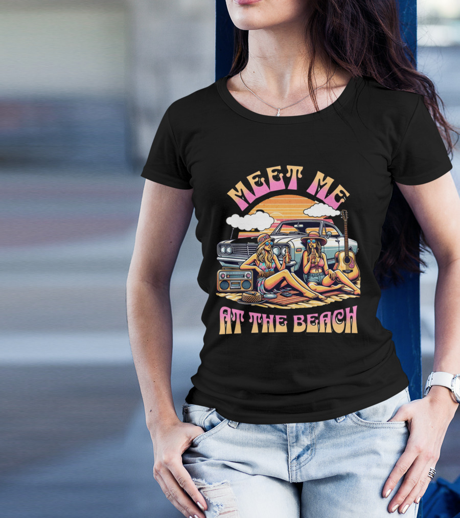 Meet Me At The Beach Sunset Paradise With Classic Car And Guitar T-Shirt