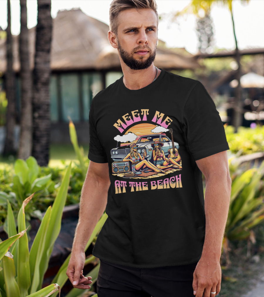Meet Me At The Beach Sunset Paradise With Classic Car And Guitar T-Shirt