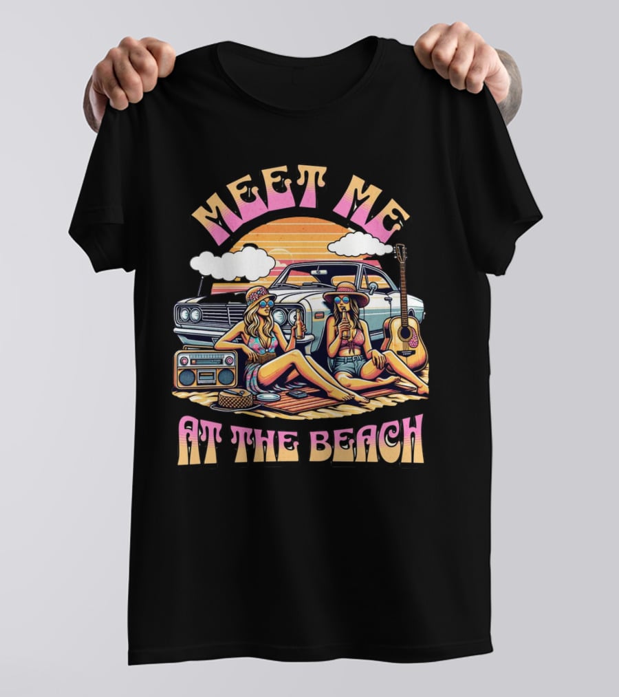 Meet Me At The Beach Sunset Paradise With Classic Car And Guitar T-Shirt