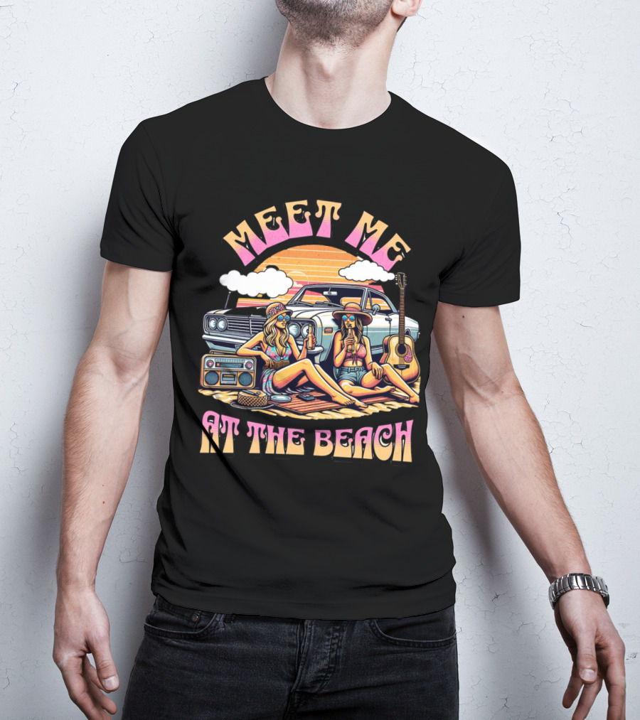 Meet Me At The Beach Sunset Paradise With Classic Car And Guitar T-Shirt