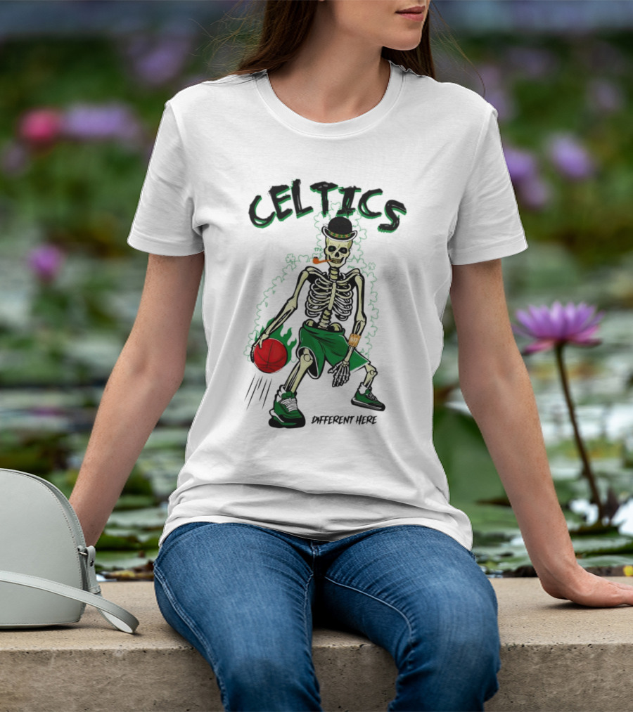 Celtics Skeleton Dribbling Basketball Different Here T-Shirt