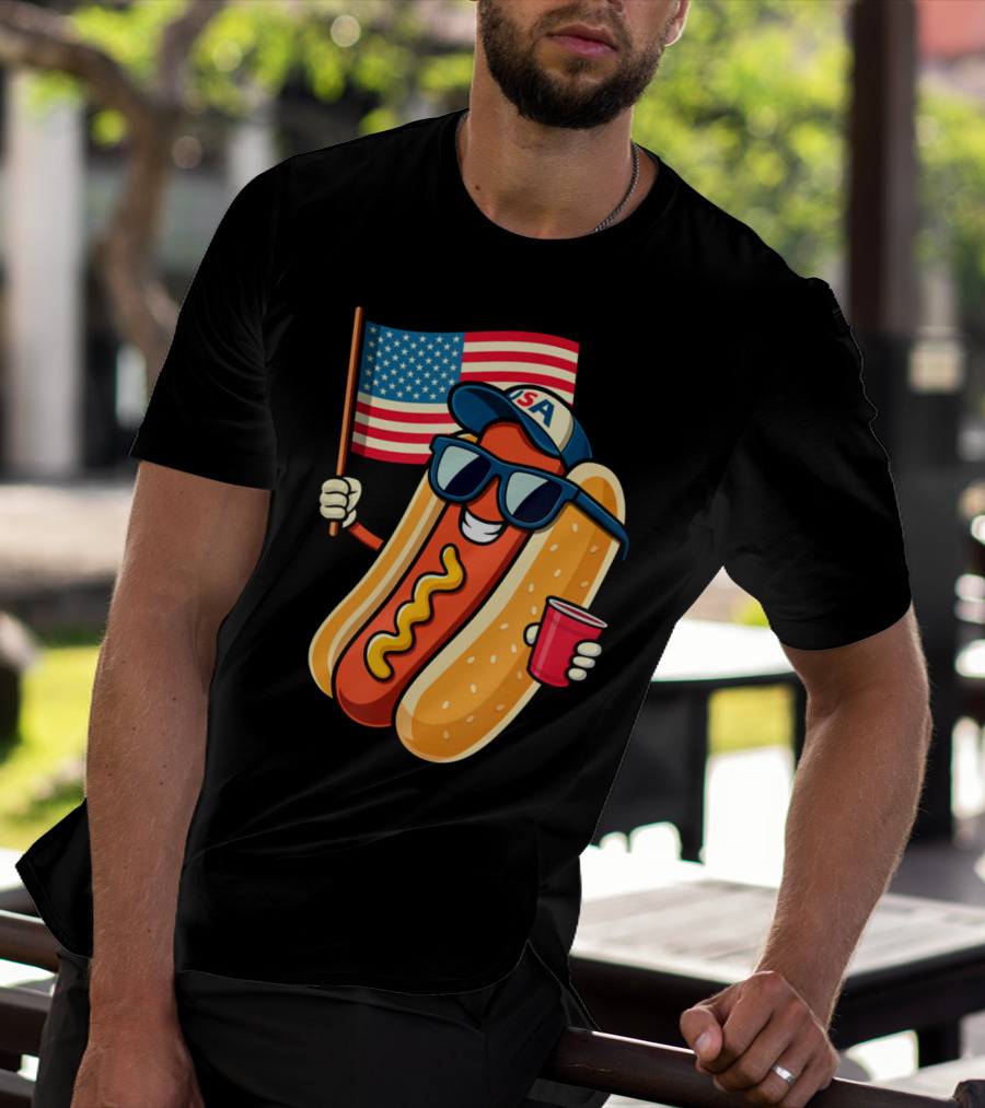 Fourth Of July USA Hotdog With American Flag And Sunglasses T-Shirt