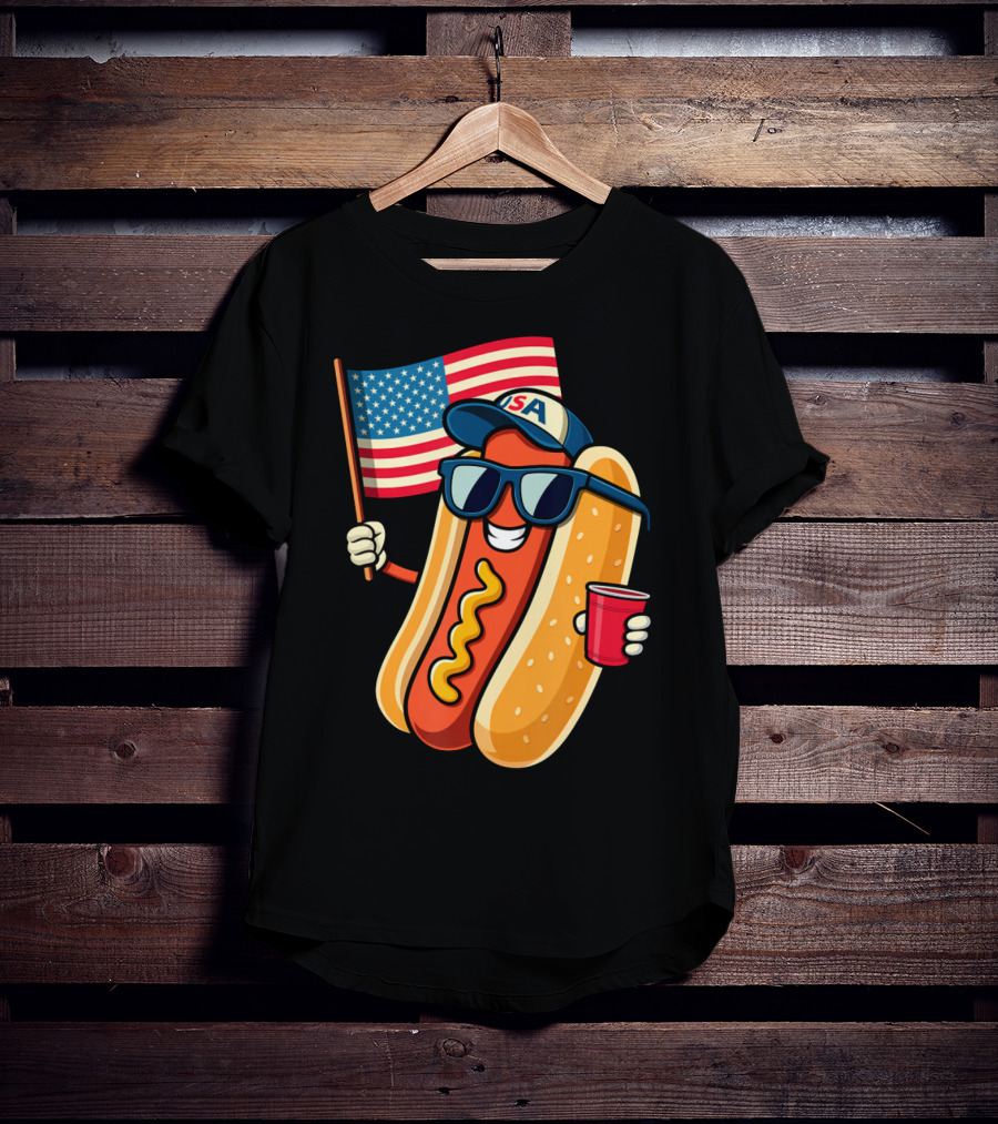 Fourth Of July USA Hotdog With American Flag And Sunglasses T-Shirt
